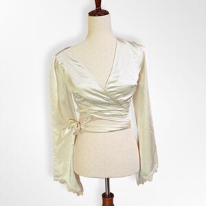 Forever 21, White Satin Bell Sleeve Cropped Wrap Top, S Bridal Elegant
